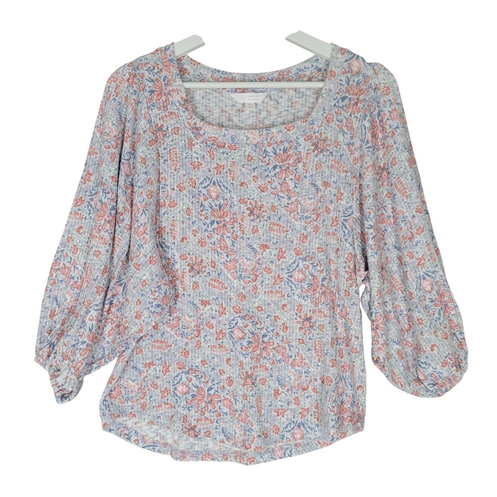LC Lauren‎ Conrad Blouse Shirt Womens XS Blue Pink Floral Balloon Sleeve Ribbed